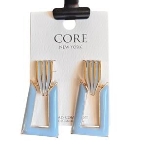 Statement Geometric Drop Earrings Gold Blue Enamel Modern 1.6" Dangle New CORE